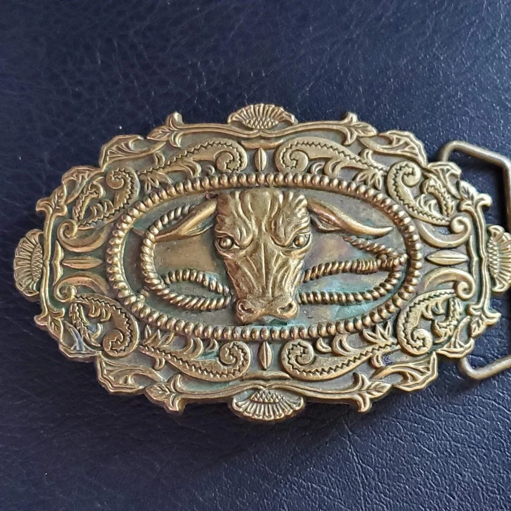Vintage 1982 Baron Buckles Solid Brass Bull Head Belt Buckle Ornate Rancher